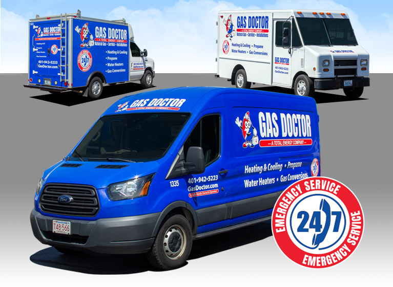 Gas Doctor service van alongside Santoro oil and propane delivery trucks